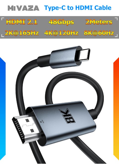 Tyep-C to HDTV Cable - USB C Monitor HDMI Cable - Support 8K/4K/2K - Compatible with Mobile Phone/Laptop/Computer/iPad/Android/iOS/Samsung/Projector - 2M