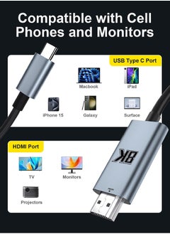 Tyep-C to HDMI 2.1 Cable - USB C Monitor Cable - Support 8K/4K/2K - Compatible with Mobile Phone/Laptop/Computer/iPad/Android/iOS/Samsung/Projector - 2M - pzsku/ZC920955C65BF73CE91DAZ/45/_/1715667725/72602655-ae3a-4213-90a4-ac1f06f2c625