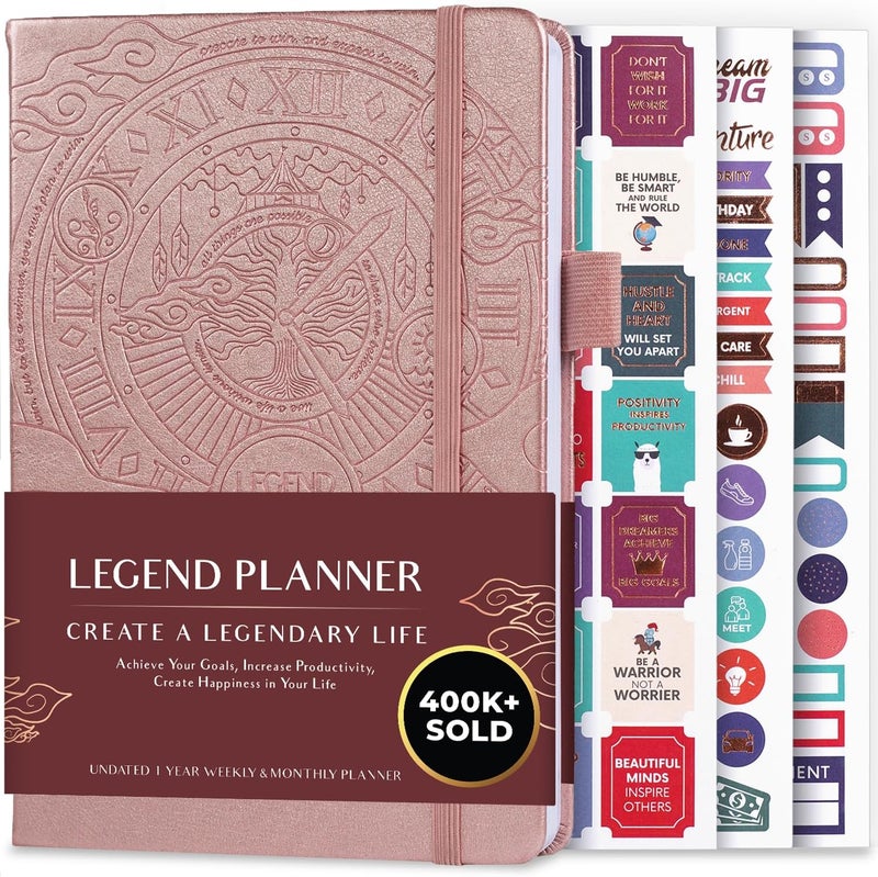 Legend Planner مخطط الأسطورة – مخطط الحياة الفاخر الأسبوعي والشهري لتحقيق أهدافك والعيش بسعادة. دفتر منظم ومجلة إنتاجية. غلاف صلب بحجم A5، غير مؤرخ – ابدأ في أي وقت + ملصقات – روز جولد - Image 1