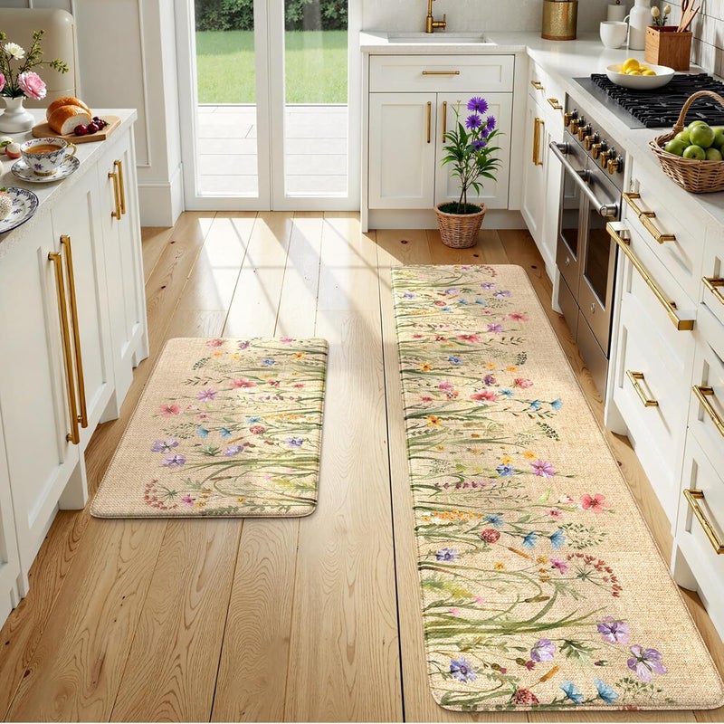 KIMODE Kitchen Anti Fatigue Mats, Farmhouse Flower Kitchen Rugs Sets of 2, Memory Foam Kitchen Mats for Floor, Waterproof Non Skid Standing Mats for Sink Laundry Office Desk Brown 20"x71"+20"x32" - Image 1