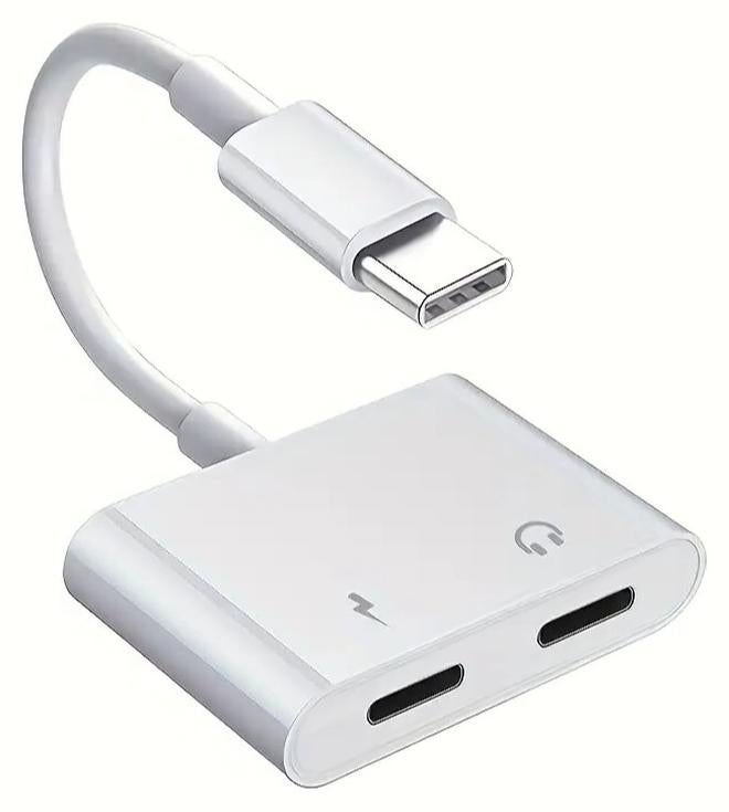 محول صوت من نوع تايب سي - اثنان في واحد: من تايب سي ذكر إلى منفذين تايب سي أنثى (أحدهما للصوت والآخر للشحن) يدعم الشحن السريع حتى ستة وثلاثين فولت، للاستماع والشحن في نفس الوقت - Image 1