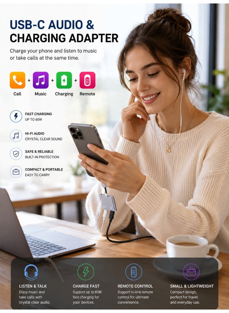 سبون محول Type-C إلى منفذين Type-C – شحن سريع + صوت – استخدام متزامن بدون تقطيع - Image 2