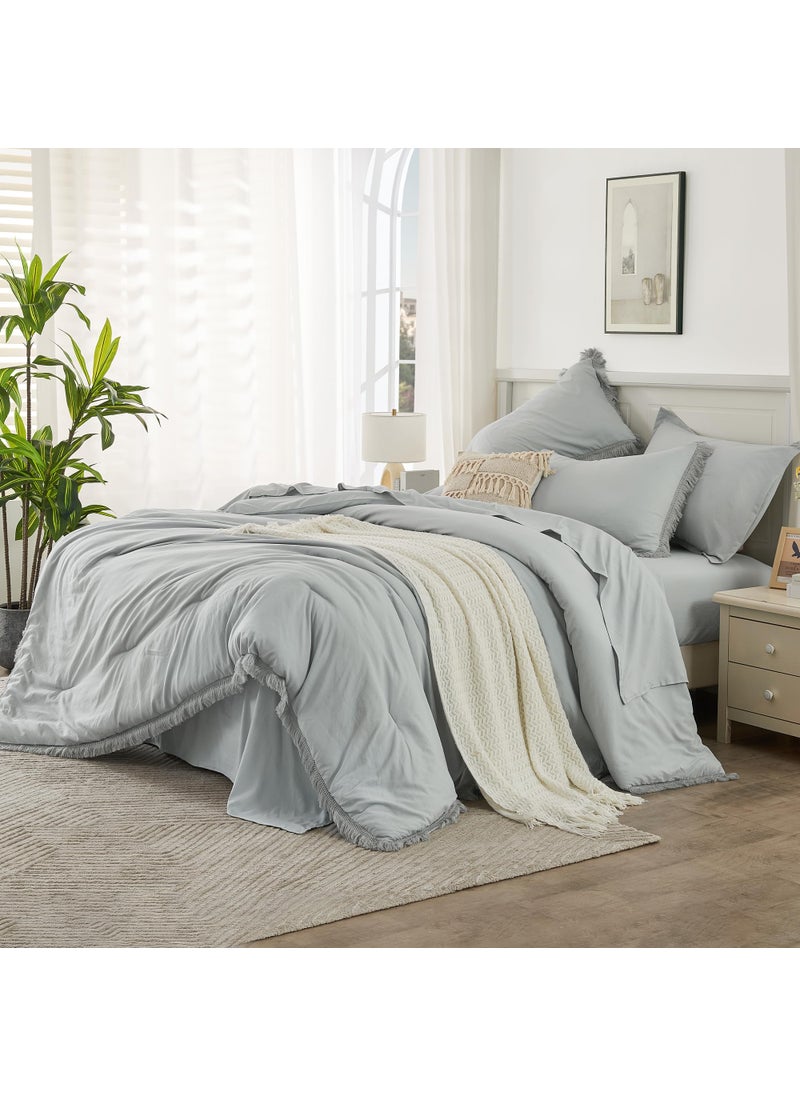 Andency Andency Light Grey King Size Comforter Set with Sheets - 7 Pieces Boho Tassel Bed in a Bag Soft Lightweight Bedding Sets  Light Grey Fringe Bed Set with Comforter  Sheets  Pillowcases & Shams  - Image 2