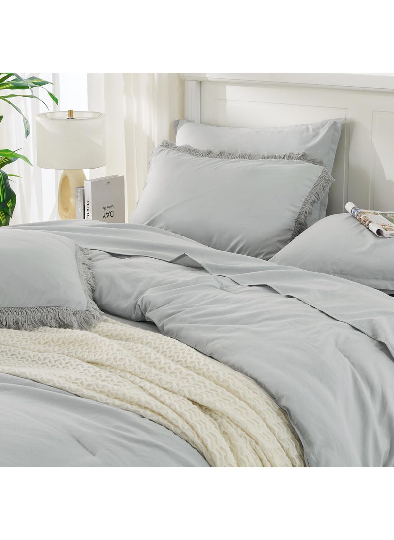 Andency Andency Light Grey King Size Comforter Set with Sheets - 7 Pieces Boho Tassel Bed in a Bag Soft Lightweight Bedding Sets  Light Grey Fringe Bed Set with Comforter  Sheets  Pillowcases & Shams  - Image 5