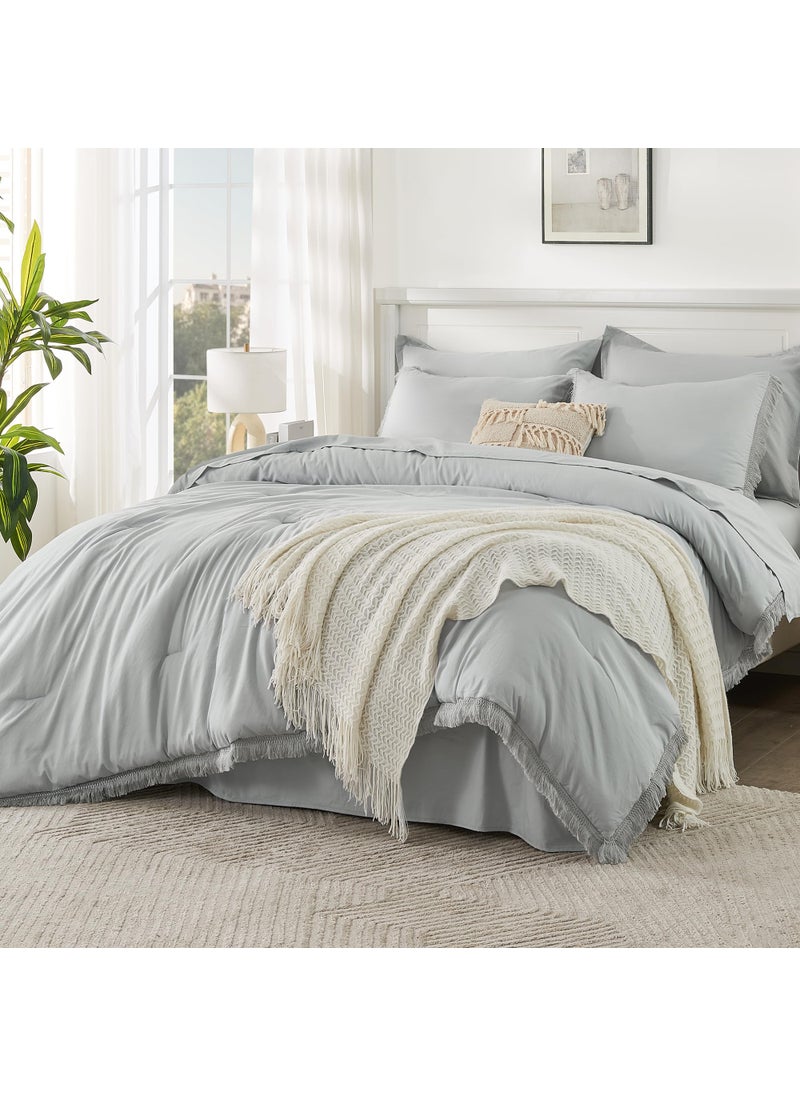 Andency Andency Light Grey King Size Comforter Set with Sheets - 7 Pieces Boho Tassel Bed in a Bag Soft Lightweight Bedding Sets  Light Grey Fringe Bed Set with Comforter  Sheets  Pillowcases & Shams  - Image 1