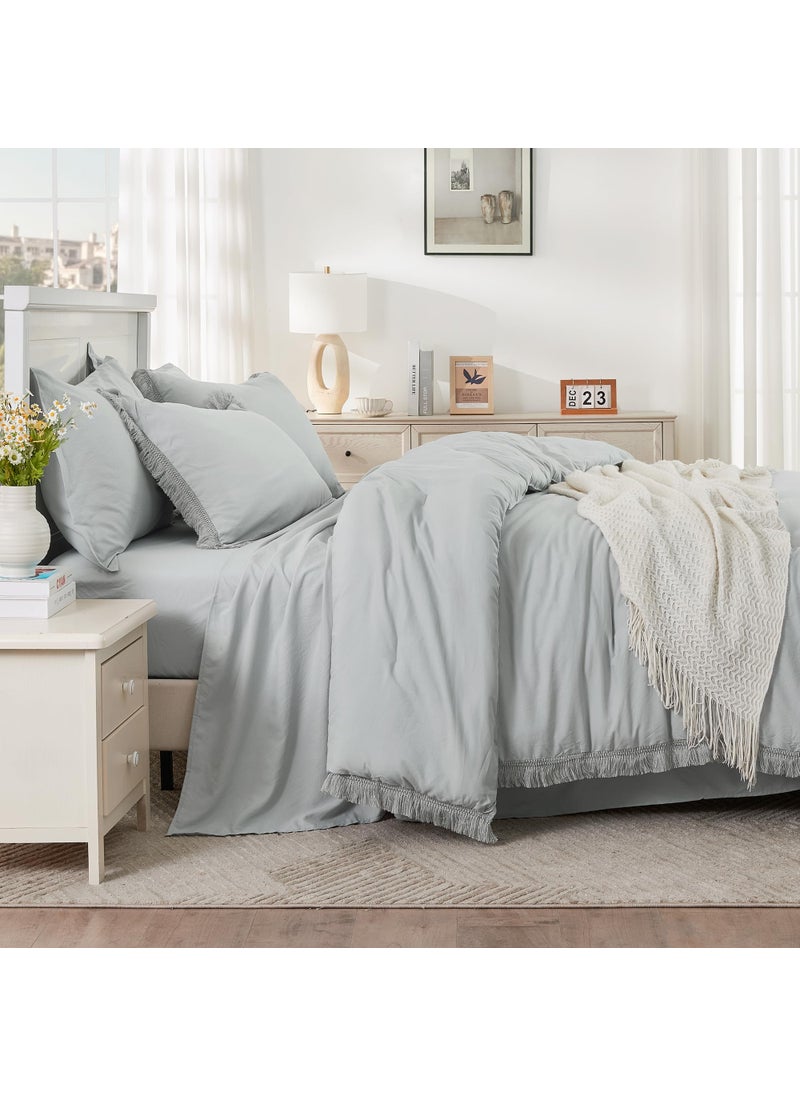 Andency Andency Light Grey King Size Comforter Set with Sheets - 7 Pieces Boho Tassel Bed in a Bag Soft Lightweight Bedding Sets  Light Grey Fringe Bed Set with Comforter  Sheets  Pillowcases & Shams  - Image 3
