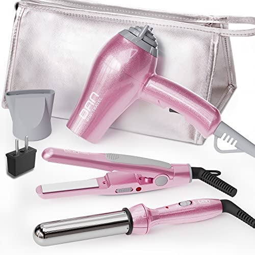 DAN Technology Hair Styling Set, Including Travel Hair Dryer, Mini Flat Iron, and Travel Curling Iron with European Plug, Dual Voltage, Portable Storage Bag, Pink - Image 1