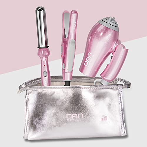 DAN Technology Hair Styling Set, Including Travel Hair Dryer, Mini Flat Iron, and Travel Curling Iron with European Plug, Dual Voltage, Portable Storage Bag, Pink - Image 5