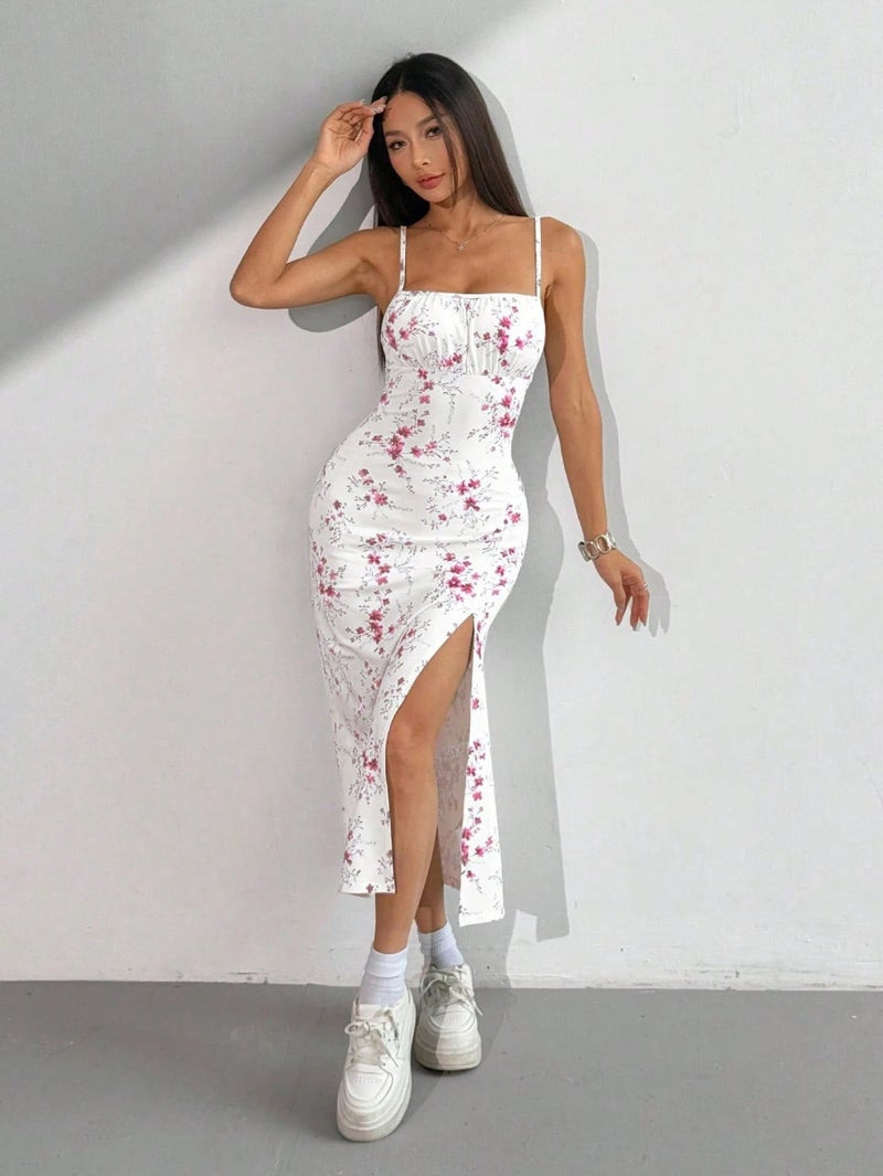 Fashion Printed Backless Split Dress with Adjustable Straps - Image 2