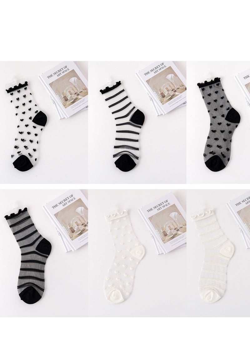 Women Sheer Socks,Black See Through Socks Checkered Dot Striped Plaid Ankle Summer Socks Elasticity Ankle Cool Socks, 6 Pairs - Image 2