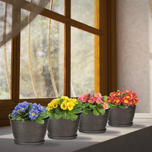 Quarut 4 Pack 6 Inch Flower Pots for Outdoor Indoor Plastic Plant Pots with Drainage Hole Saucer Lightweight Small Flower Pot Circle Pattern Planters for Garden House plantersBrown - Image 3