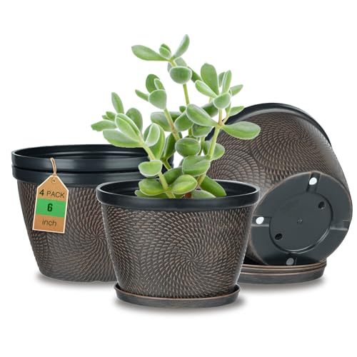 Quarut 4 Pack 6 Inch Flower Pots for Outdoor Indoor Plastic Plant Pots with Drainage Hole Saucer Lightweight Small Flower Pot Circle Pattern Planters for Garden House plantersBrown - Image 1