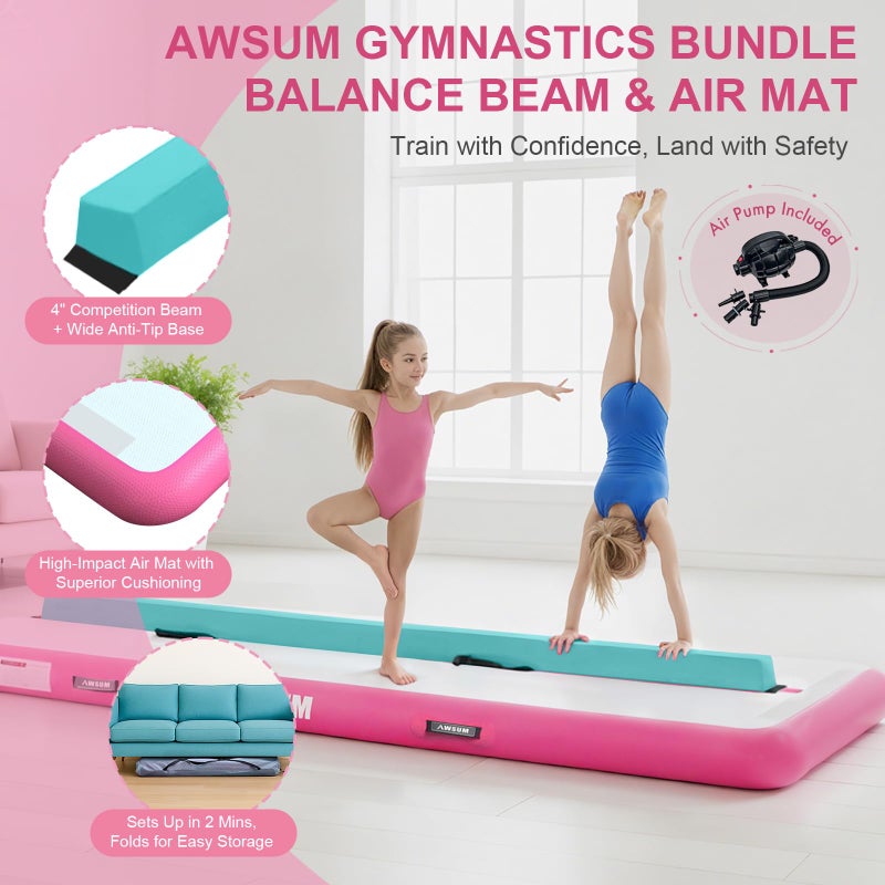 AWSUM 6.6ft Gymnastics Mat with Balance Beam, 4" Thick Inflatable Tumbling Mat Track & Foldable Anti-Slip Beam, Gym Equipment for Kids, with Electric Pump - Image 2