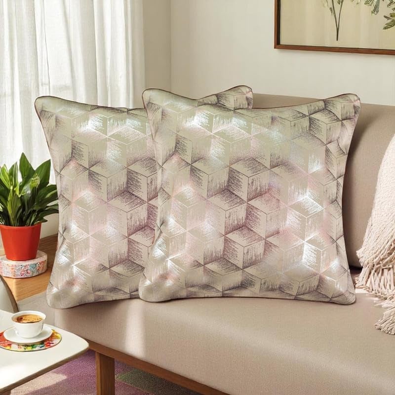 Vendola Decorative Foil Blackout Cushion Cover 20 inch x 20 inch, Sofa Pillow Cover Set, Beige Box Design, Foil Shimmer Glittery Pattern, Diwali Festive, Cushion Cover (Beige, 20X20 Inches, Set of 2) - Image 1