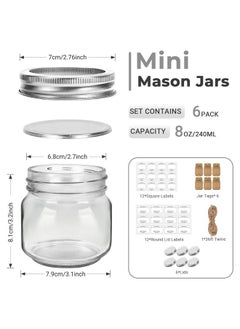 Eathtek Eathtek Small Mason Jars 8oz/240ml with Regular Lids, 6 Pack Glass Canning Jars With Labels, Mini Glass Jars for Jam Jelly Spice Honey Herbs, Wedding Shower Favors Food Storage Candle Jars  - Image 2