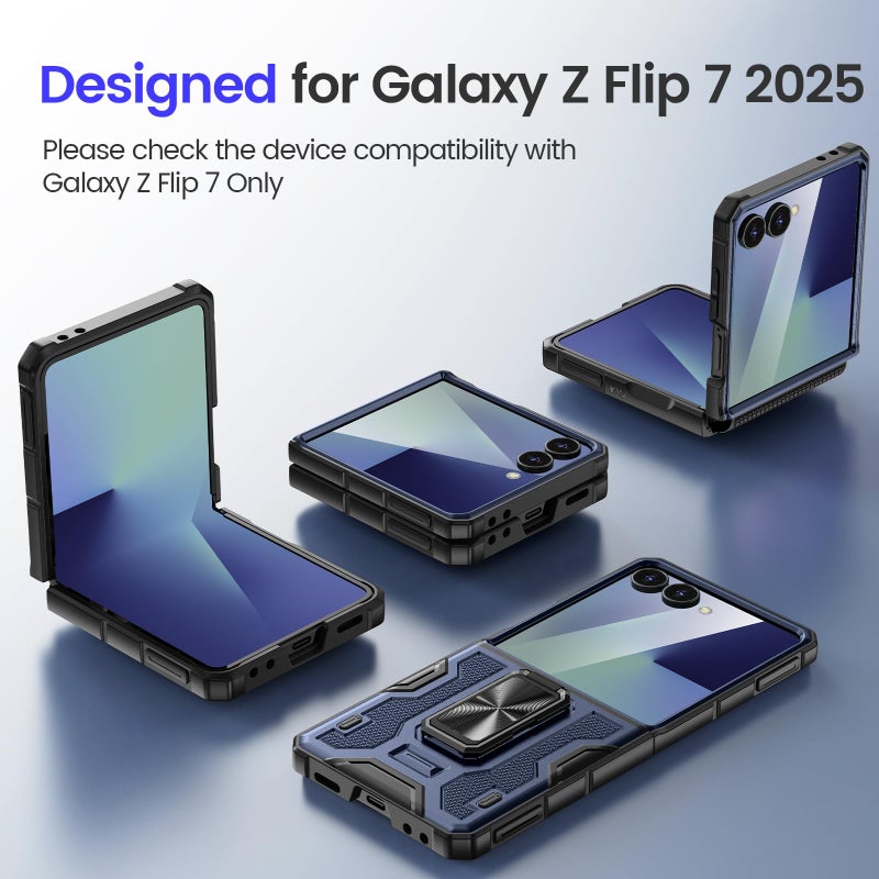 VEGO for Galaxy Z Flip 7 Case [Built-in Screen Protector][Anti-Scratch] [Hinge Protection] Military Drop Protection Ring Kickstand Phone Case for Samsung Galaxy Z Flip 7 5G 2025(Not for Flip 7FE)-Blue - Image 3