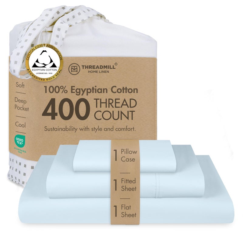 Threadmill طقم ملاءات توين من قطن مصري | ملاءات قطن مصري معتمدة 100% لسرير توين | طقم ملاءات توين بجيب عميق | طقم ملاءات تبريد مكون من 3 قطع | أزرق فاتح - Image 1