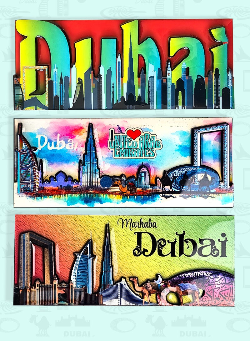 سوق الهدايا التذكارية مغناطيس ثلاجة خشبي MDF، 3 قطع (12×5 سم)، حجم كبير | معالم دبي الشهيرة، الإمارات العربية المتحدة | طلاء إيبوكسي لامع، هدية تذكارية مميزة للمنزل، هدية للمسافرين، هدية تذكارية - Image 1