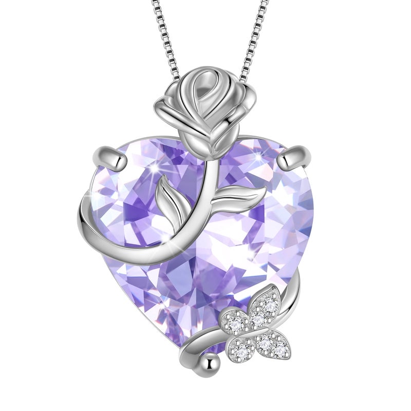 Juwaliy 15MM Women Rose Heart Necklace June Birthstone 925 Sterling Silver Flower Butterfly Pendant Purple Alexandrite Jewelry Mom Birthday Gift - Image 1