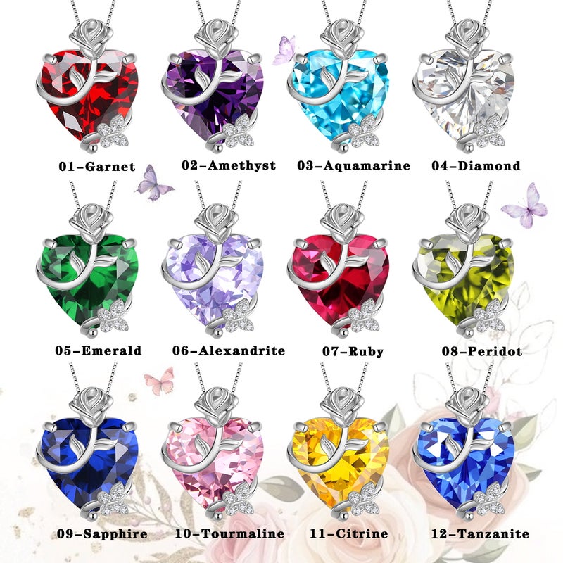 Juwaliy 15MM Women Rose Heart Necklace June Birthstone 925 Sterling Silver Flower Butterfly Pendant Purple Alexandrite Jewelry Mom Birthday Gift - Image 5