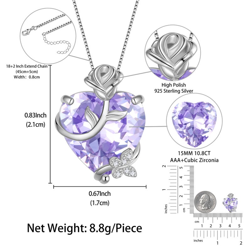 Juwaliy 15MM Women Rose Heart Necklace June Birthstone 925 Sterling Silver Flower Butterfly Pendant Purple Alexandrite Jewelry Mom Birthday Gift - Image 4