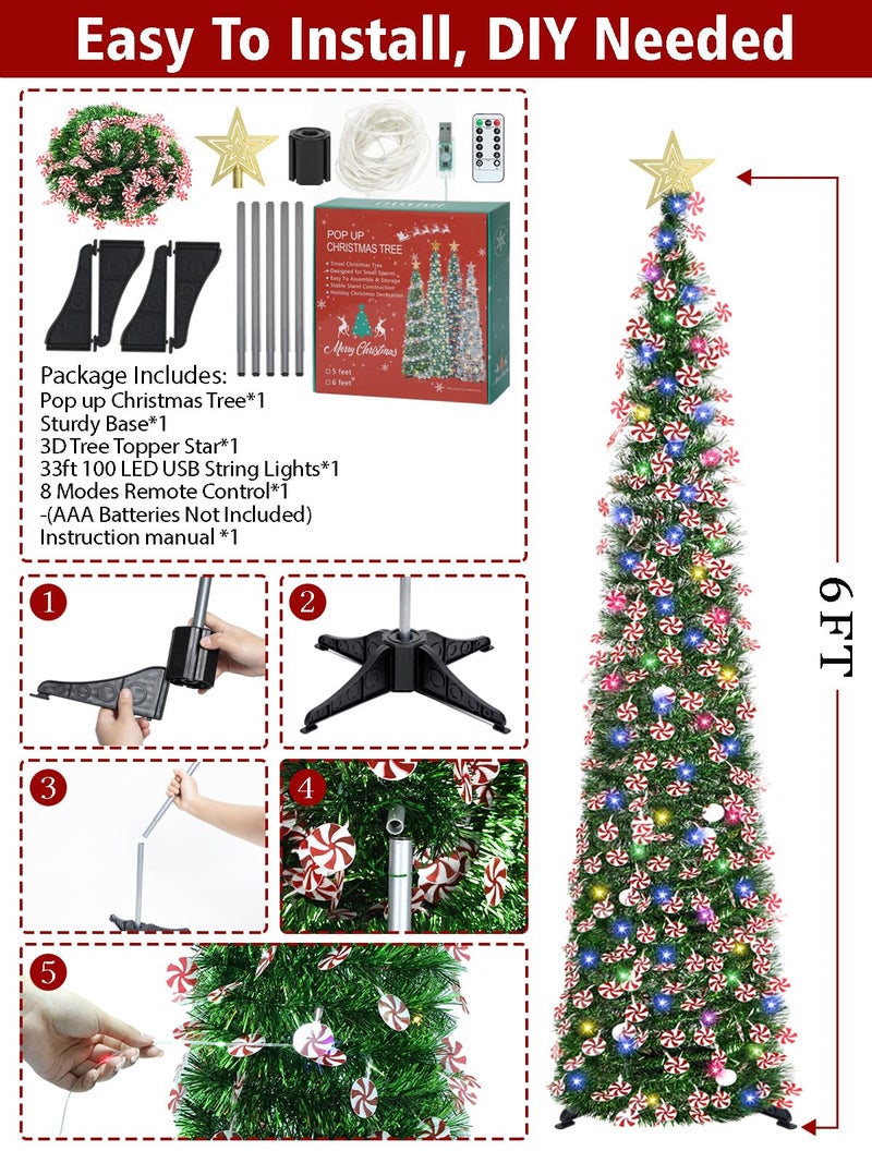 HMASYO 6 FT Pop Up Tinsel Christmas Tree with 100 Colored Timer Lights & Remote, Green Candy Collapsible Artificial Pencil Tree Xmas Decoration for Home, Office, Party, USB Powered, Easy Assembly - Image 5