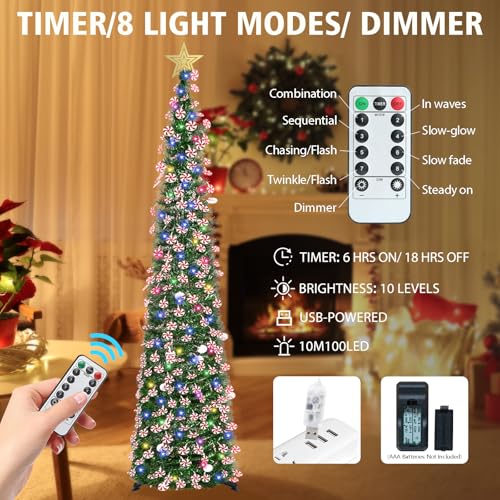 HMASYO 6 FT Pop Up Tinsel Christmas Tree with 100 Colored Timer Lights & Remote, Green Candy Collapsible Artificial Pencil Tree Xmas Decoration for Home, Office, Party, USB Powered, Easy Assembly - Image 3