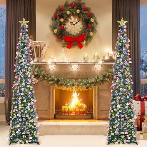 HMASYO 6 FT Pop Up Tinsel Christmas Tree with 100 Colored Timer Lights & Remote, Green Candy Collapsible Artificial Pencil Tree Xmas Decoration for Home, Office, Party, USB Powered, Easy Assembly - Image 4