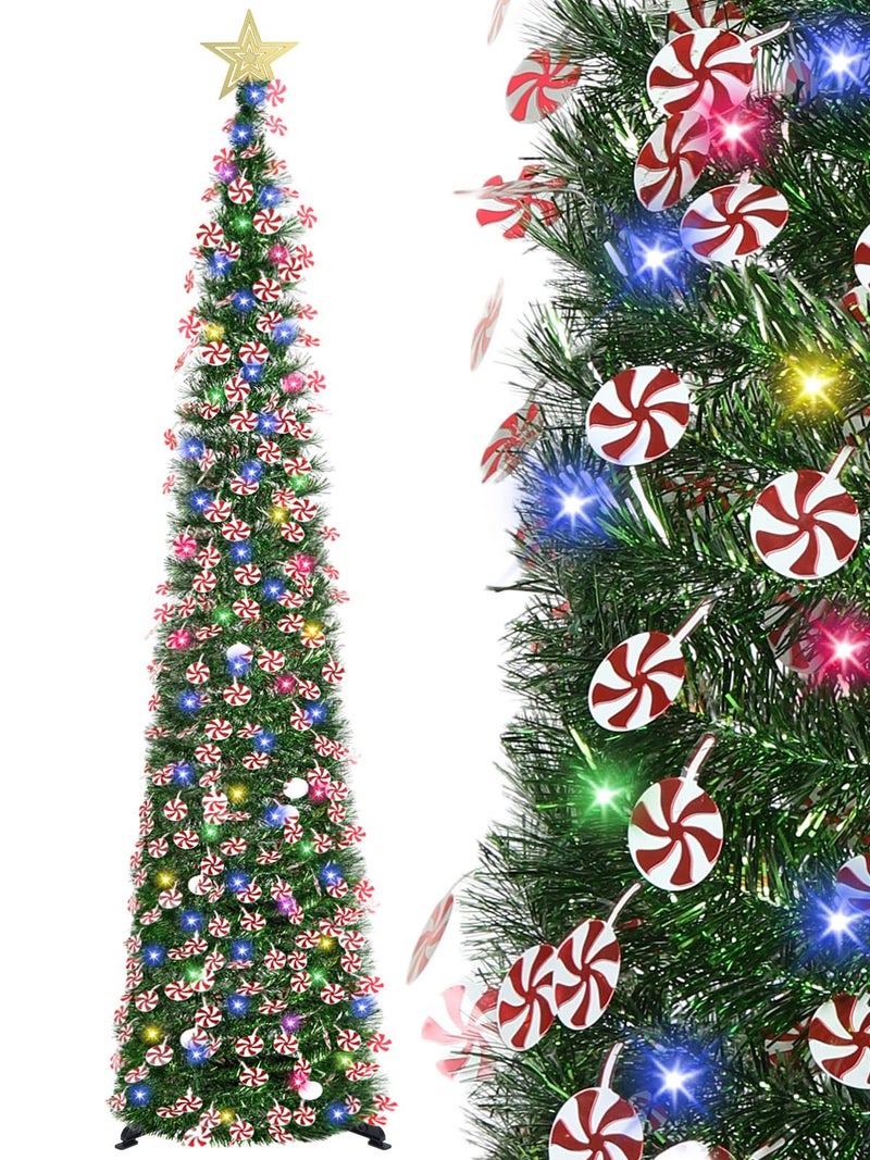 HMASYO 6 FT Pop Up Tinsel Christmas Tree with 100 Colored Timer Lights & Remote, Green Candy Collapsible Artificial Pencil Tree Xmas Decoration for Home, Office, Party, USB Powered, Easy Assembly - Image 1