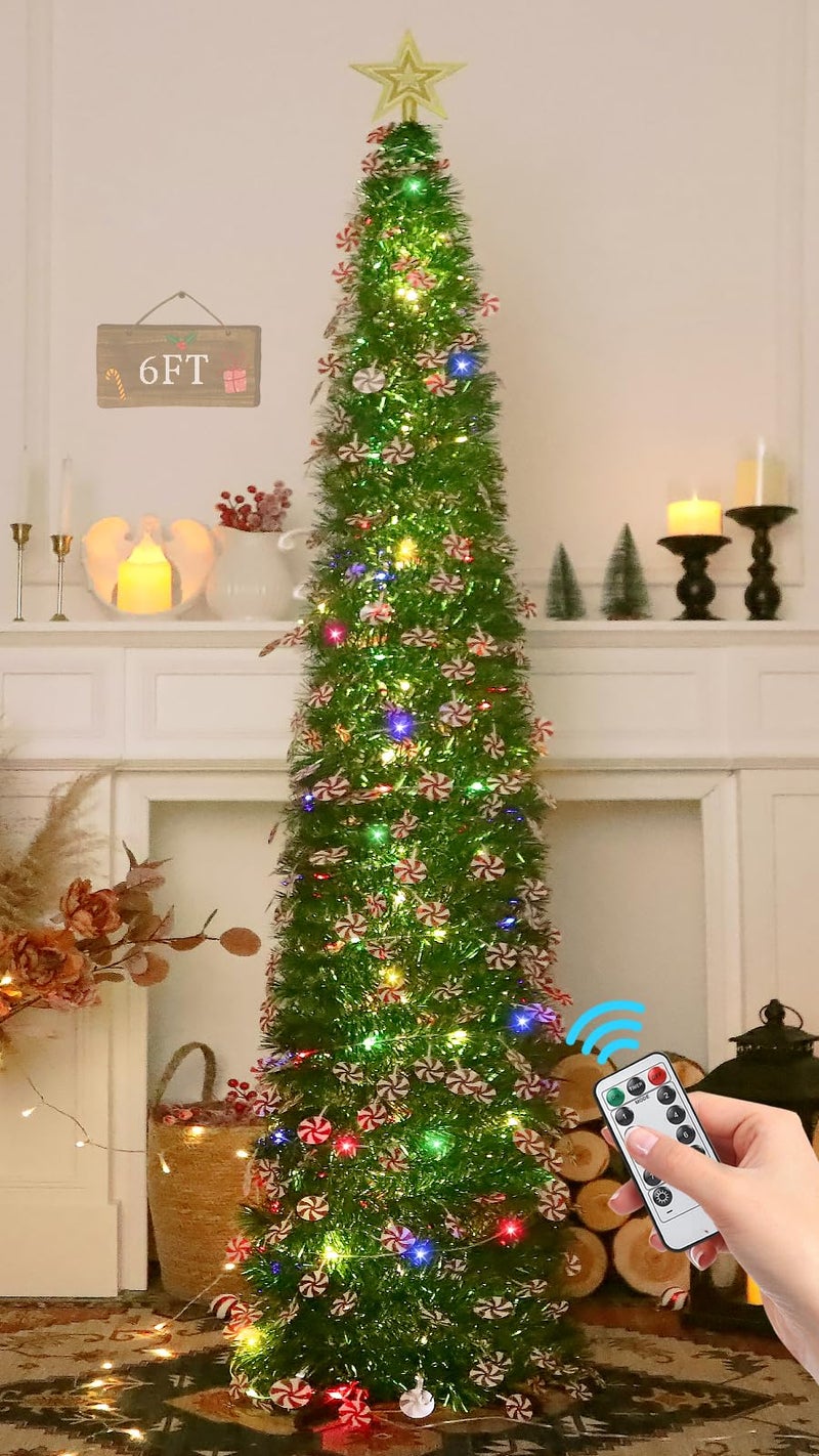 HMASYO 6 FT Pop Up Tinsel Christmas Tree with 100 Colored Timer Lights & Remote, Green Candy Collapsible Artificial Pencil Tree Xmas Decoration for Home, Office, Party, USB Powered, Easy Assembly - Image 2