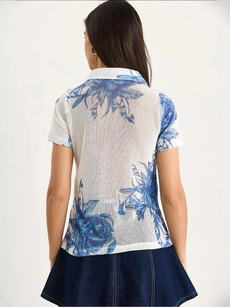 Bianco Lucci LUCCI Flowery Polo Shirt Blouse