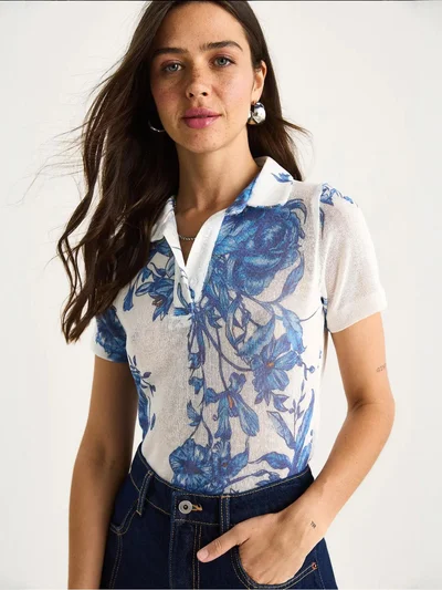Bianco Lucci LUCCI Flowery Polo Shirt Blouse