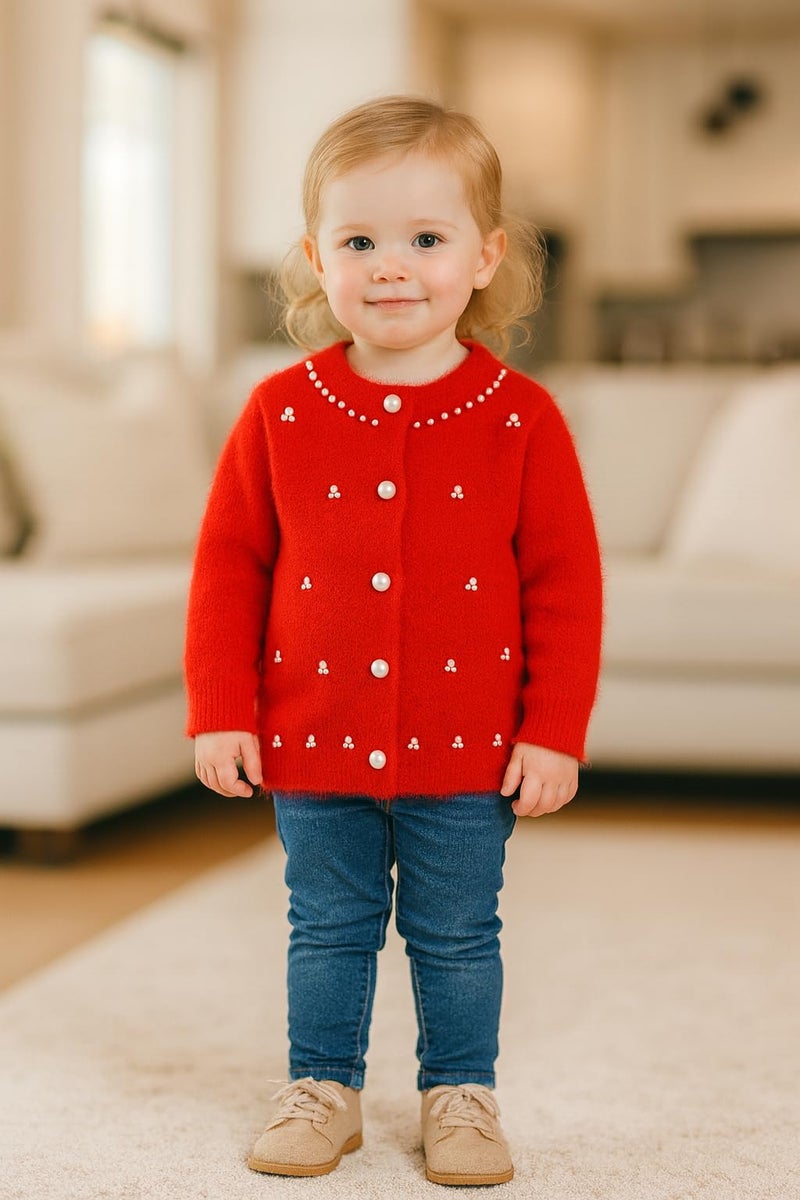 Bold N Elegant Girls Soft Knit Winter Cardigan Sweater with Pearl Buttons | Warm Woolen Stylish Party Cardigan for Girls Upto 5 Years Red - Image 2