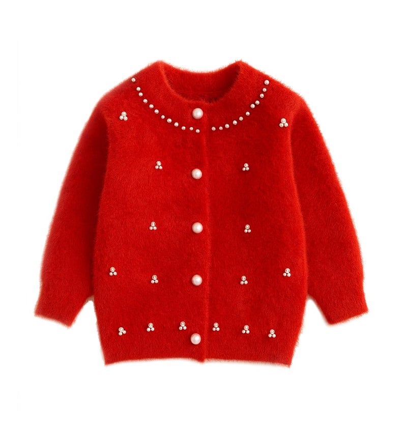 Bold N Elegant Girls Soft Knit Winter Cardigan Sweater with Pearl Buttons | Warm Woolen Stylish Party Cardigan for Girls Upto 5 Years Red - Image 1