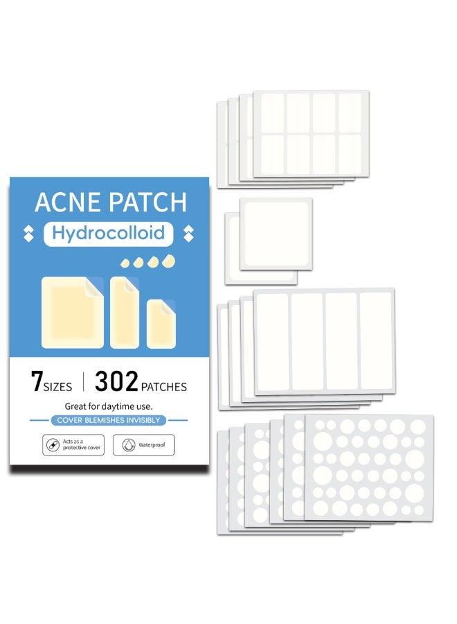 اكني باتش 302 قطعة من رقعة البثور الكبيرة للوجه، 7 أحجام من رقعة حب الشباب، رقعة هيدروكولويد كبيرة للجسم والذقن والجبهة والصدر والظهر، تخفف من ظهور حب الشباب والرؤوس السوداء، خفيفة وغير مزعجة - Image 1
