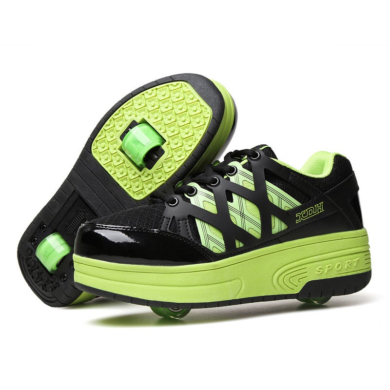 Generic Single and Double Wheels Teen Heelby Shoes for Boys and Students Automatic Female Childrens Pulley Bursting Shoes with Wheels Sneakers Green 