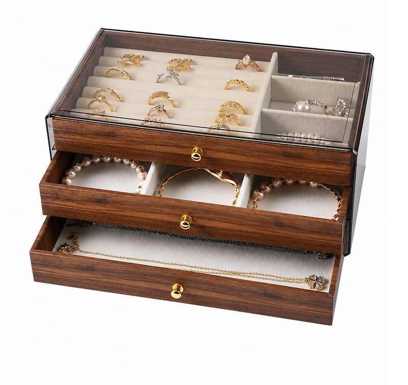 O2. 3-Layer Jewelry Storage Box with Glass Lid – Multi-Drawer Organizer for Rings, Earrings, Necklaces & Bracelets – Elegant Gift for Women - Image 1