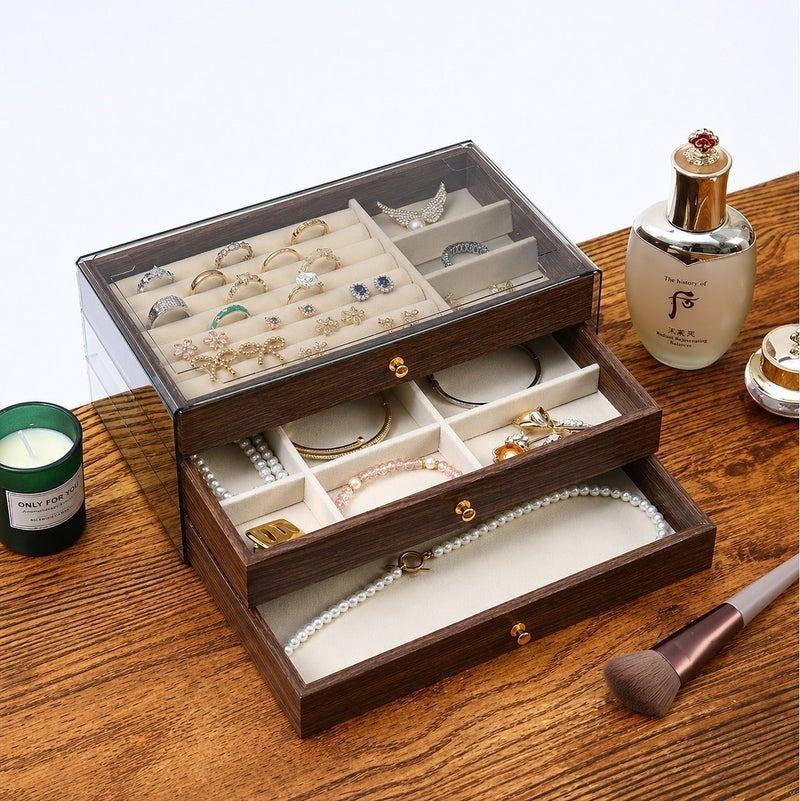 O2. 3-Layer Jewelry Storage Box with Glass Lid – Multi-Drawer Organizer for Rings, Earrings, Necklaces & Bracelets – Elegant Gift for Women - Image 3