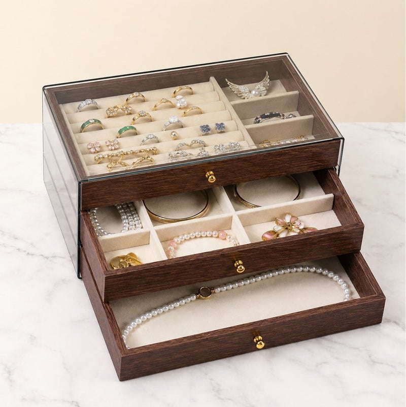 O2. 3-Layer Jewelry Storage Box with Glass Lid – Multi-Drawer Organizer for Rings, Earrings, Necklaces & Bracelets – Elegant Gift for Women - Image 4