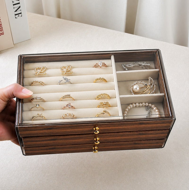 O2. 3-Layer Jewelry Storage Box with Glass Lid – Multi-Drawer Organizer for Rings, Earrings, Necklaces & Bracelets – Elegant Gift for Women - Image 5