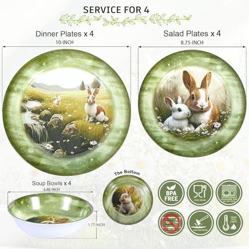 Gofunfun 12-Piece Melamine Dinnerware Set, Lightweight Green Plates & Bowls Set for 4,Shatterproof Dishes for Daily Use,Picnics, Camping, & Outdoor Parties -Perfect Summer Gift & Home Decor (Green Bunny) - Image 2