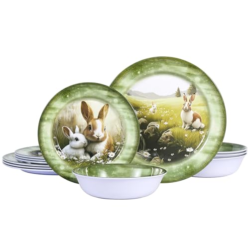 Gofunfun 12-Piece Melamine Dinnerware Set, Lightweight Green Plates & Bowls Set for 4,Shatterproof Dishes for Daily Use,Picnics, Camping, & Outdoor Parties -Perfect Summer Gift & Home Decor (Green Bunny) - Image 1