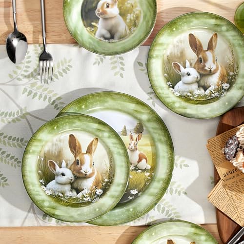 Gofunfun 12-Piece Melamine Dinnerware Set, Lightweight Green Plates & Bowls Set for 4,Shatterproof Dishes for Daily Use,Picnics, Camping, & Outdoor Parties -Perfect Summer Gift & Home Decor (Green Bunny) - Image 3