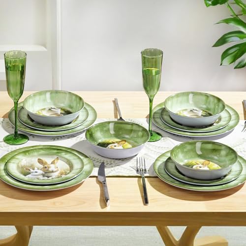Gofunfun 12-Piece Melamine Dinnerware Set, Lightweight Green Plates & Bowls Set for 4,Shatterproof Dishes for Daily Use,Picnics, Camping, & Outdoor Parties -Perfect Summer Gift & Home Decor (Green Bunny) - Image 5