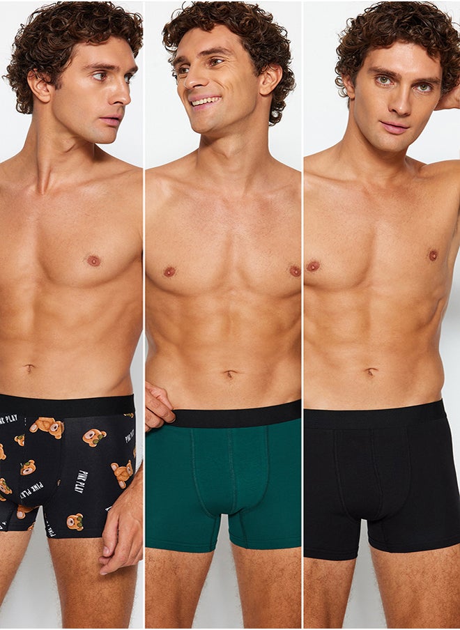 trendyol 3 Pack Multicolored Teddy Bear Patterned-Plain Pack Cotton Couple Boxers TMNAW24BX00023  - Image 2