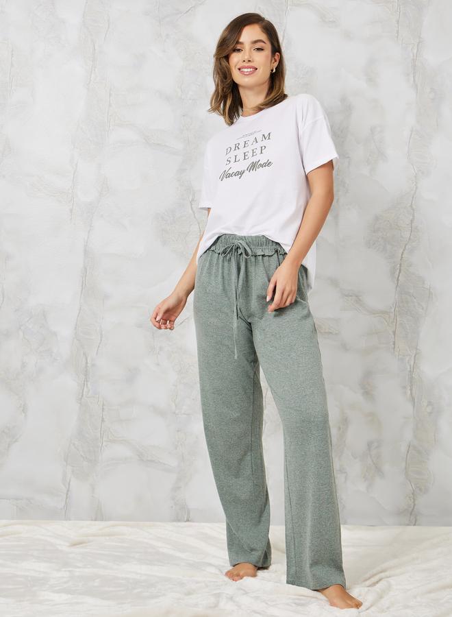 Styli Styli Slogan Printed T-Shirt and Ruffle Waist Pyjama Set - Image 1