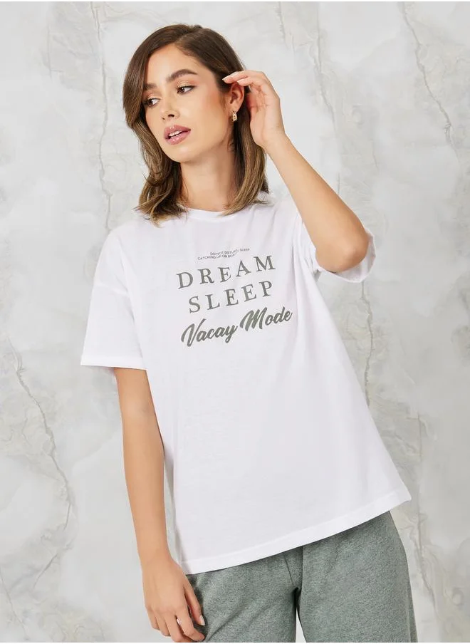 ستايلي Styli Slogan Printed T-Shirt and Ruffle Waist Pyjama Set