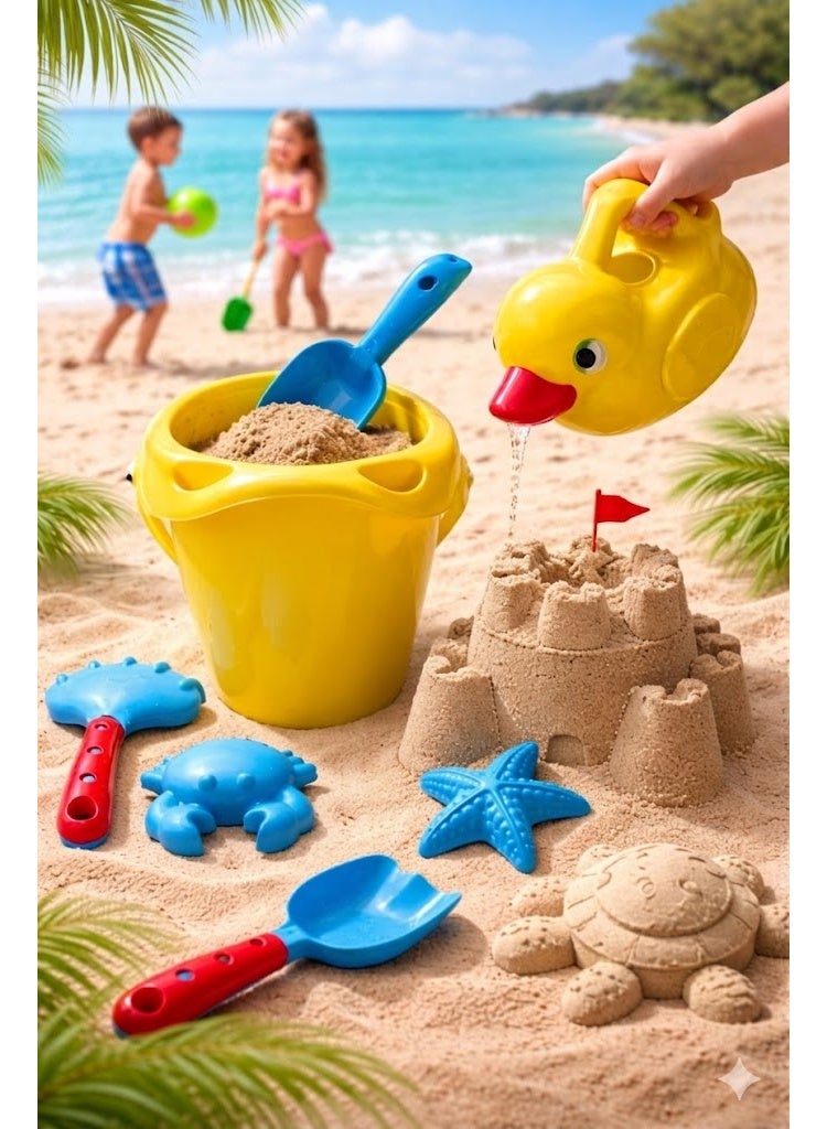 Children's Beach Play Set - Fun Design - Colorful Sand Tools for Building and Playing Includes 6 Essential Pieces (Large Bucket, Duck-Shaped Water Sprinkler, Shovel, Digging Tool, Crab and Starfish Sand Molds).