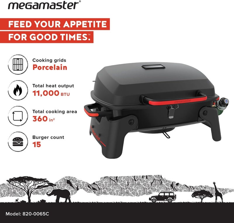 Megamaster 1-Burner Portable Gas Grill with Locking Lid, 11,000 BTU Stainless Steel Burner, Foldable Legs, Small Propane Grill for Outdoor Cooking, Camping, BBQs, Patios, and Gardens - 820-0065C - Image 2