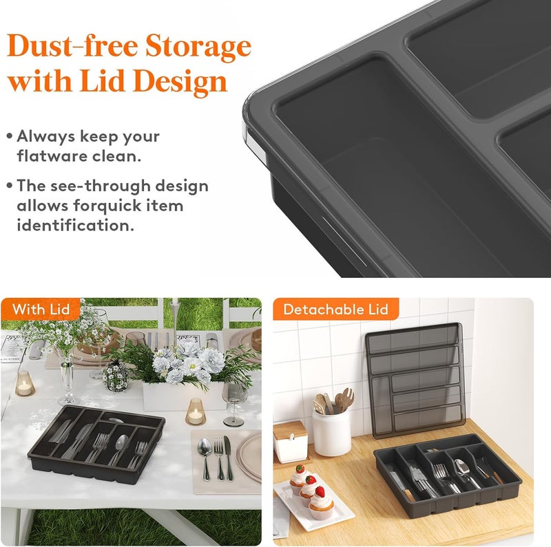 Lifewit Silverware Organizer with Lid, Covered Utensil Tray for Kitchen Drawer and Countertop, Plastic Cutlery and Flatware Storage Box for Spoons Forks Knives Holder Case, 6 Compartments, Black - Image 2